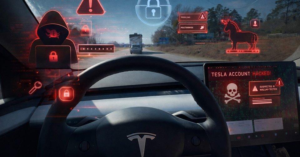 Ilustración del riesgo cibernético sobre cuentas de Tesla: alerta de cuenta comprometida en la pantalla del vehículo